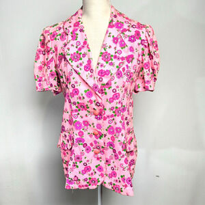 Vintage Pink Floral Blazer Short Sleeve Puff Sleeve Button Front‎ Jacket